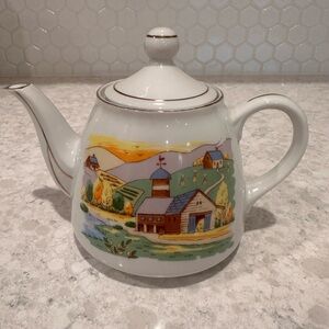 Charming White Teapot with Colorful Countryside Design made in Japan EUC